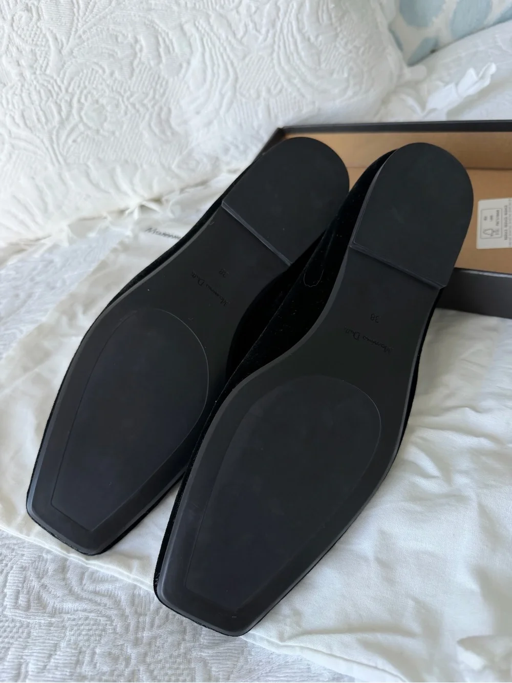 Massimo Dutti Black Velvet Ballet Flats with Rhinestone Strap, NEW, size USA 7.5